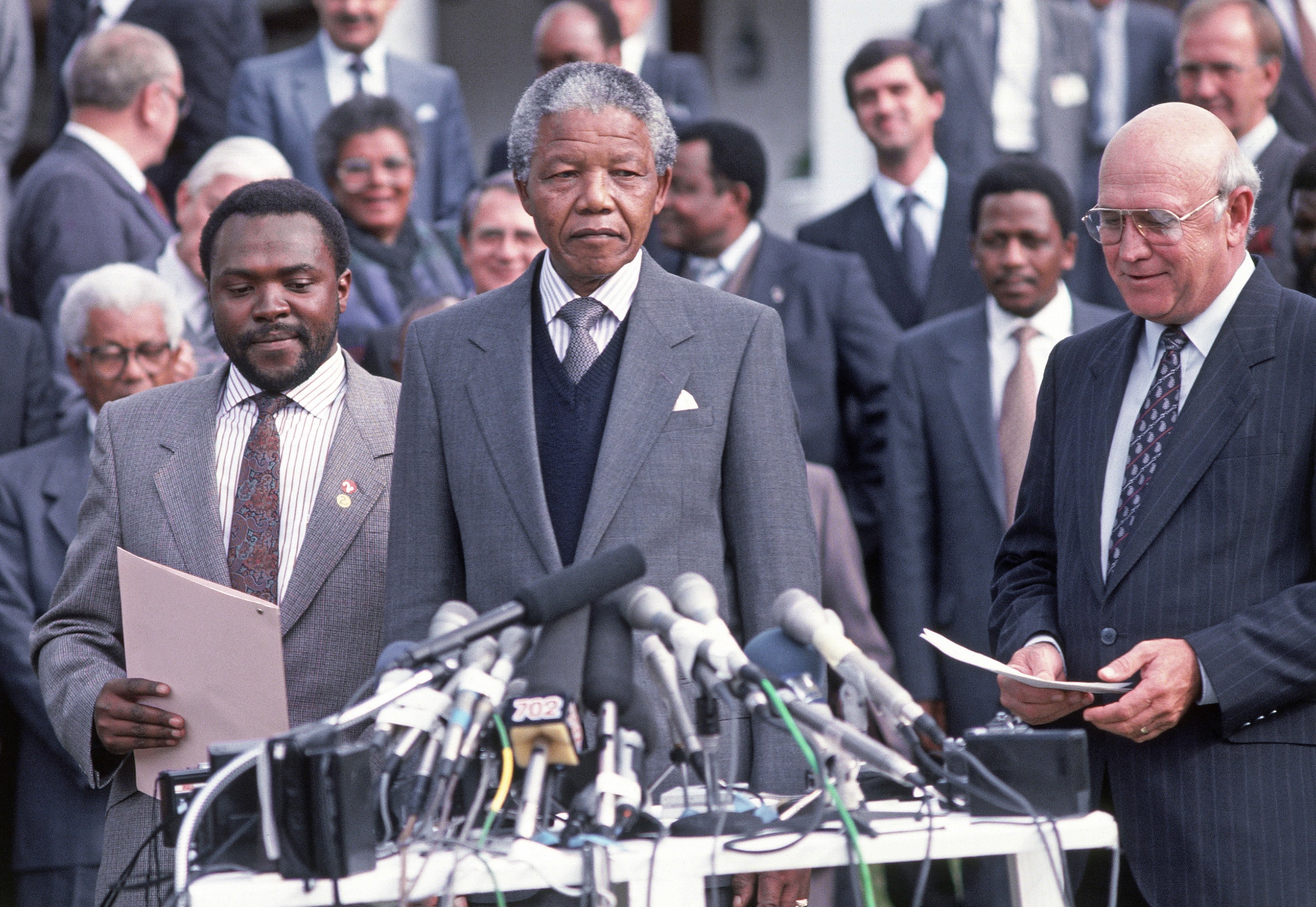 Nelson Mandela and President FW de Klerk sign the 'Groote Schuur Minute' on May 4 1990, which committed the two parties to stable and peaceful constitutional negotiations.