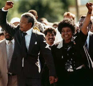 Nelson and Winnie Mandela walk hand-in hand upon his release from Victor Verster prison, near Cape Town, on February 11 1990.