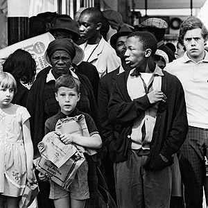 One of David Goldblatt’s photographs of pedestrian crossings on Eloff Street, Johannesburg, shot in 1967.