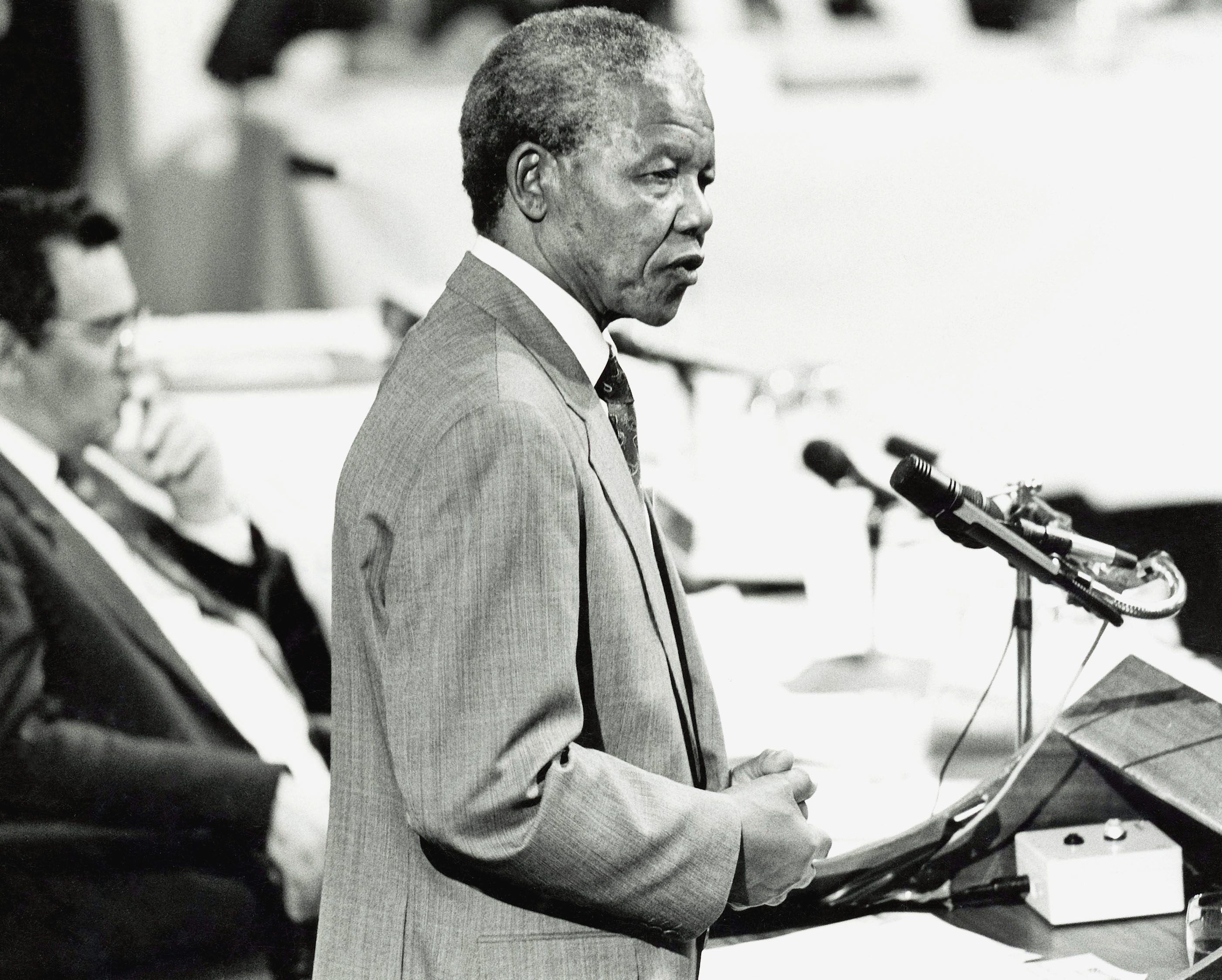 Former President Nelson Mandela speaks at a gathering. Date unknown.